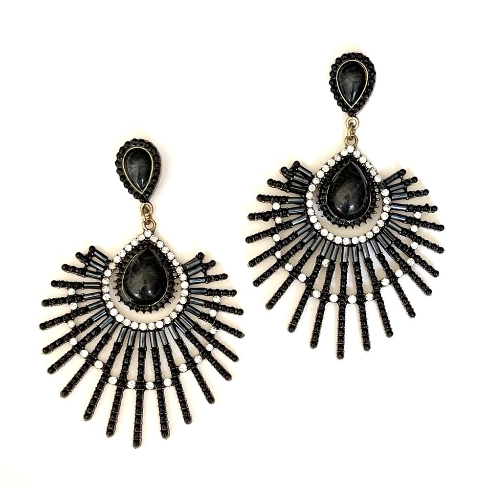 Black Teardrop Fan Earrings with Radiant Fringe